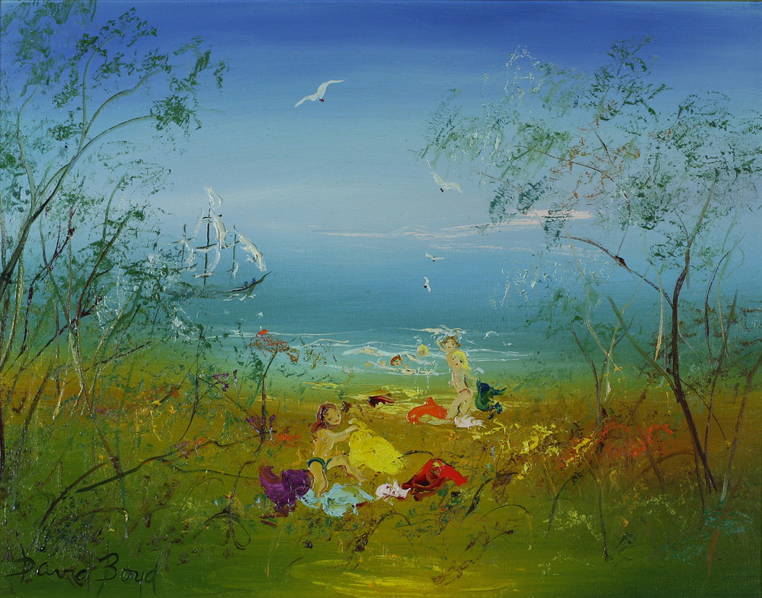 David BOYD (b.1924; d.2011) - CHILDREN SWIMMING  & PASSING SHIP