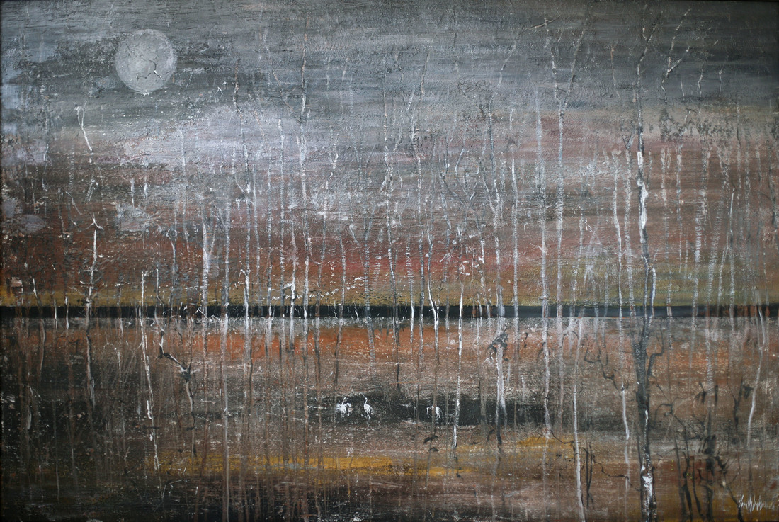 Thomas GLEGHORN (b.1925) - MARSH LANDSCAPE WITH BIRD LIFE & MOON